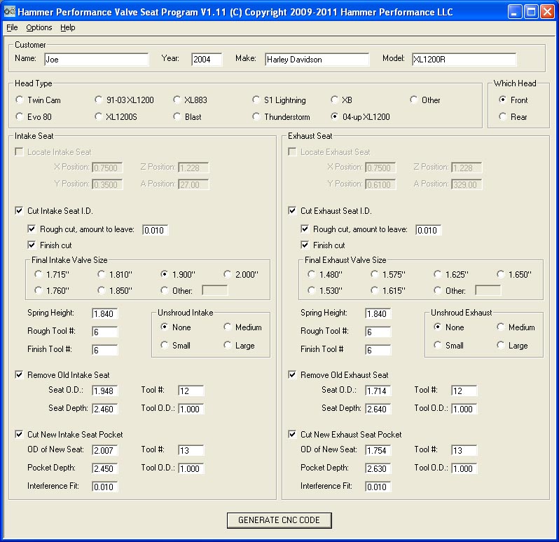 Hammer Performance CNC seat cutting program screenshot